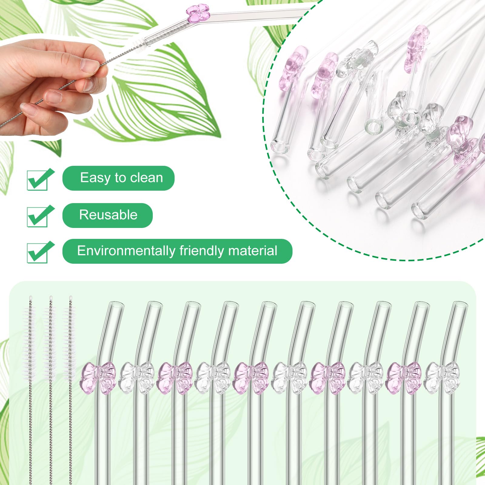 Meanplan 10 pajitas de vidrio reutilizables con diseño, 8 mm x 7.9 pulgadas, resistentes a los golpes, pajillas de vidrio doblado transparente con cepillo de limpieza para bebidas, fiestas, batidos