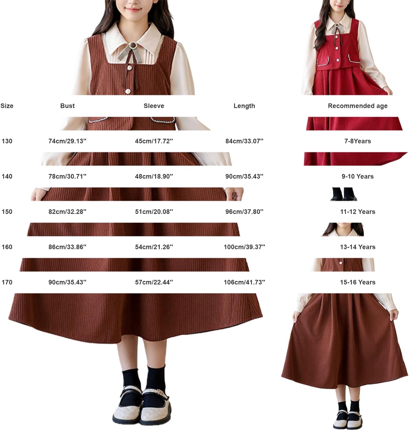 Girls Corduroy Overall Dress Teen 2 Piece Long Sleeve Button Down Dresses Set Spring Fall Casual Vintage Clothes Outfit