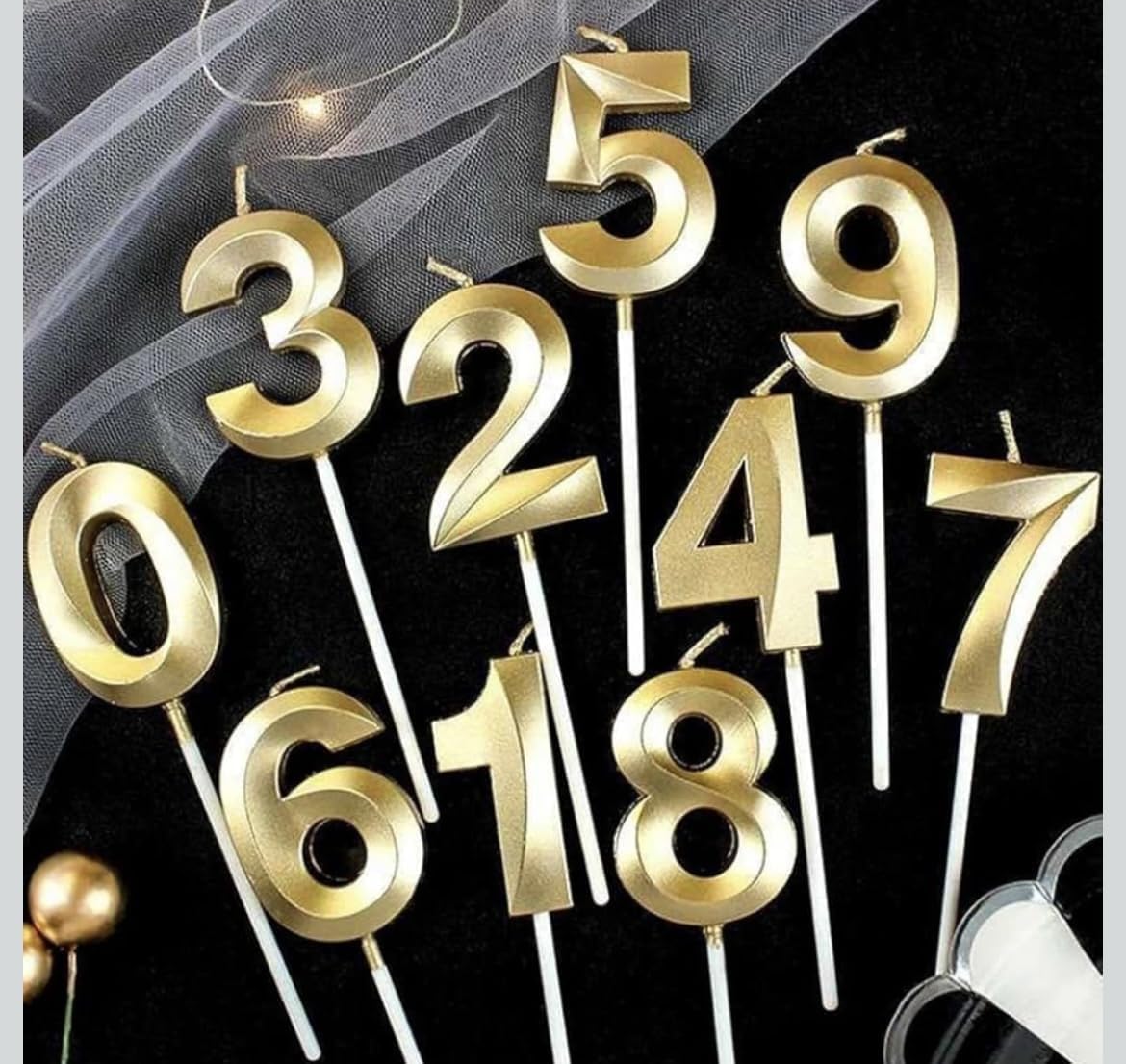 A Z Collection® Gold Number Cake Topper Candles for Birthday and Anniversary Party Celebrations, Digits with Stick (1 Set 0 to 9 Numbers/Candle)-picture-53