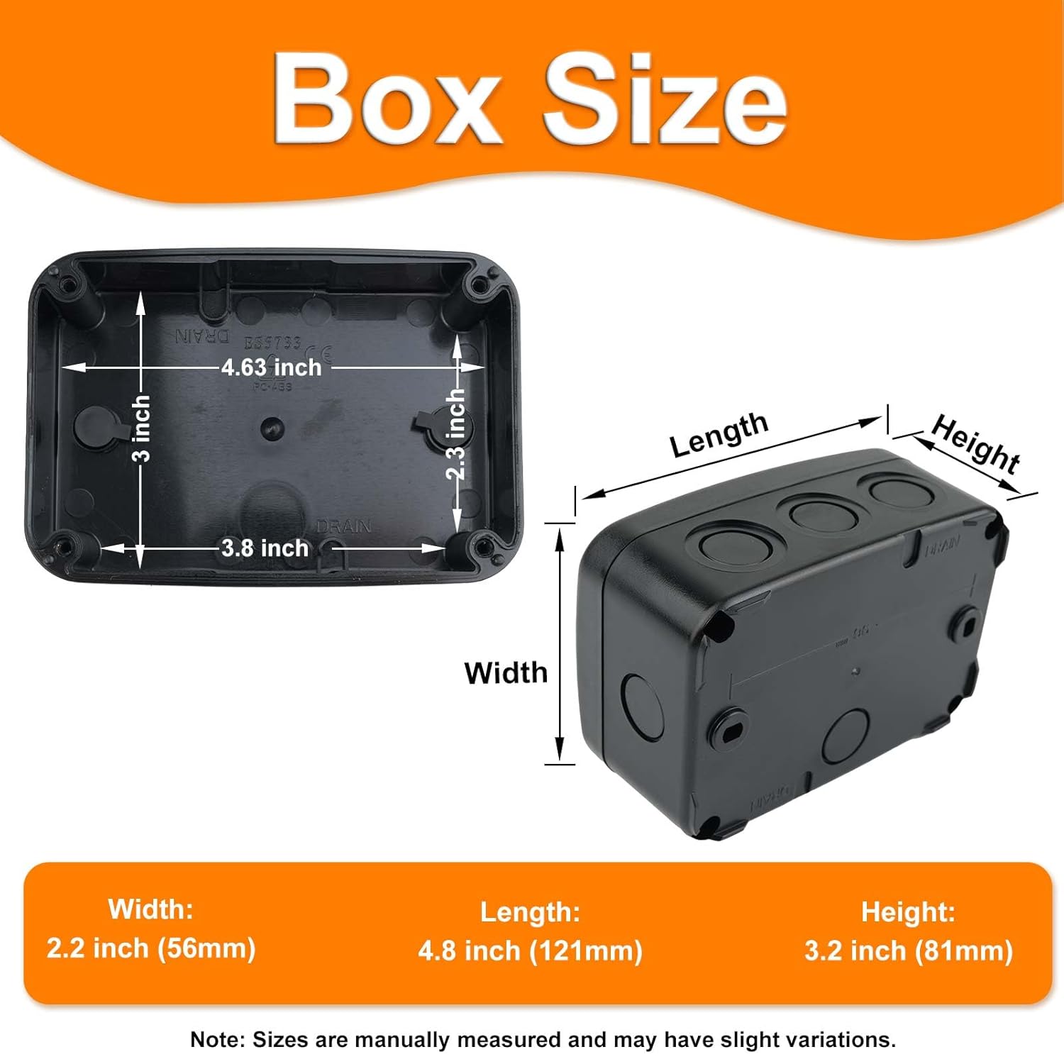 greencycle 2PK Junction Box, IP66 Waterproof Outdoor Electrical Project Box, ABS Plastic Electronic Enclosure, Black, 4.9 x 3.3 x 2.3 inch (125x86x62mm) for Outdoor Wiring, CCTV, Power Supplies