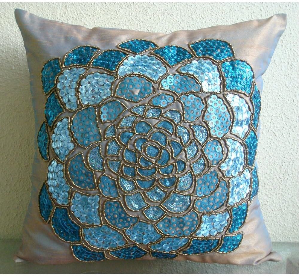 The HomeCentric Euro Shams, Decorative Two Tone Orange Blue Euro Shams 26x26 inch (65x65 cm) Silk Euro Sham Covers, Nature & Floral, Sequins Embellished, Modern Euro Pillowcases - Wild Flower