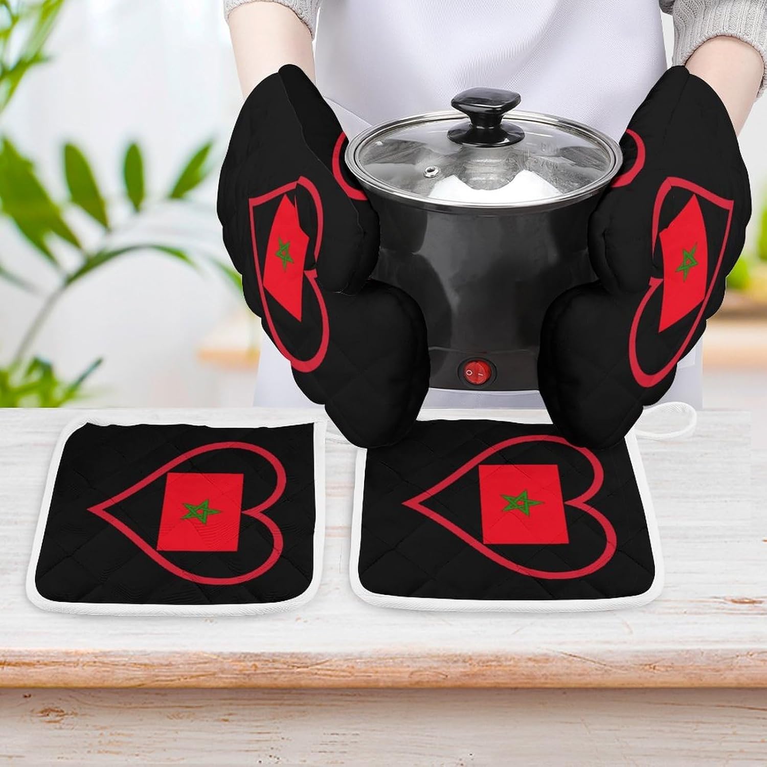 I Love Morocco Red Heart Oven Mitts and Pot Holders 4Pcs Set Heat Resistant Cooking Mitts Hot Pads