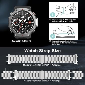 Amazfit T Rex 3用メタルバンド スマートウォッチ ソリッドステンレススチールリストバンド クイックリリースストラップ 調節可能 ビジネススタイル 交換用バンド Amazfit T-Rex 3用バンド 腕時計ストラップ