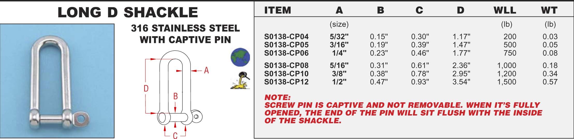 Suncor 316 Stainless Steel Long D Shackle (with Captive pin) 5/32