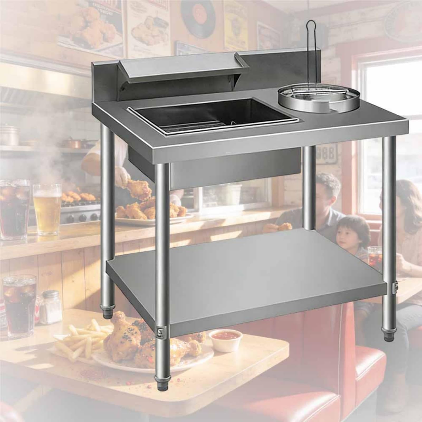 Tabella di impanatura dell'acciaio inossidabile con i contenitori ed i canestri per la preparazione dell'alimento del ristorante