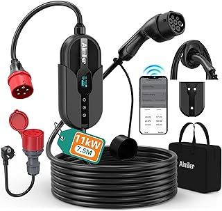 Wallbox 11 kW with App, Mobile Charging Station 3-Phase 400 V (8-16 A Adjustable), 7.5 m Type 2 Charging Cable Car, IP65 Portable/Wall Mounting for Electric Car (Model Y/3, ID.3/4/5, MG4, EX30, Zoe