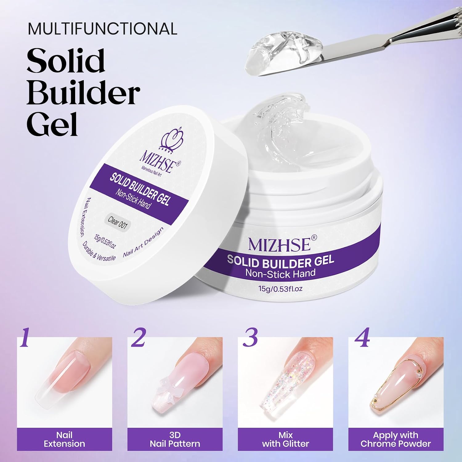 MIZHSE Solid Builder Gel for Nails, Non-Sticky Clear and White 3D Nail Art