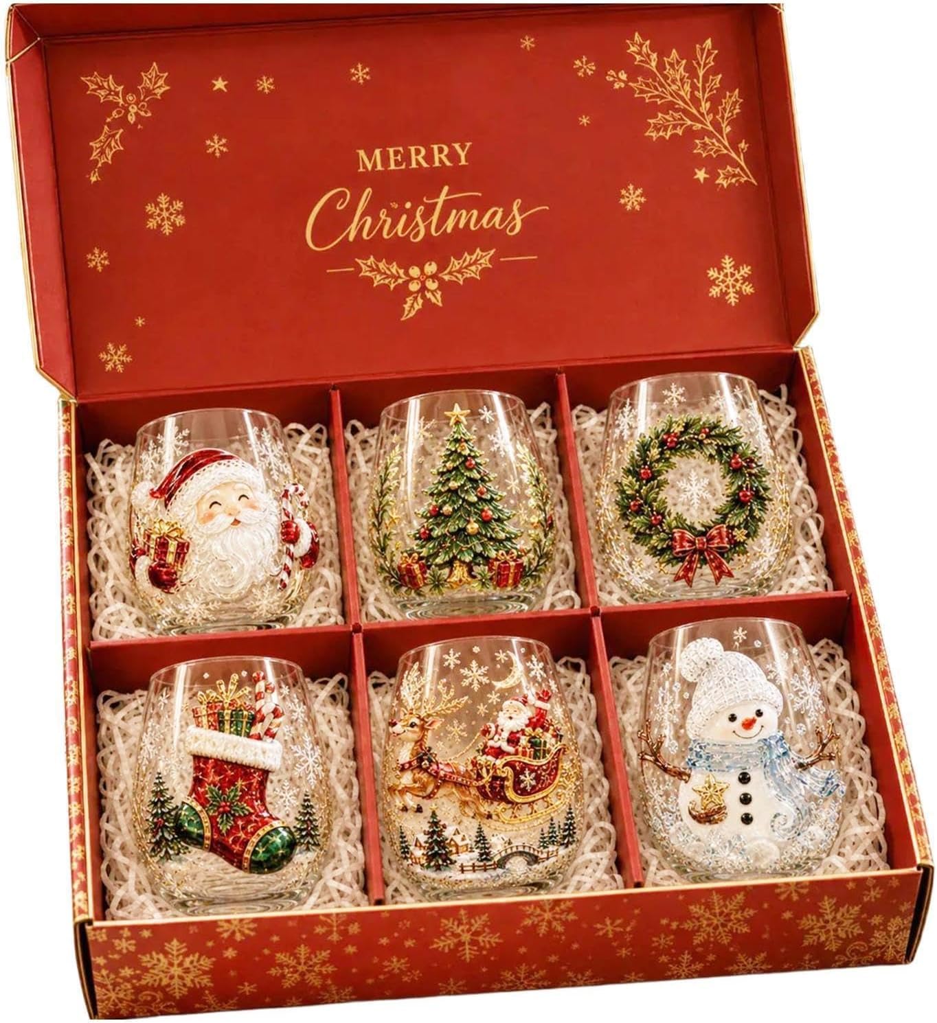 Generisch 3D Weihnachts-Trinkglas Stemless mit Weihnachtsmotiven, 6Pcs