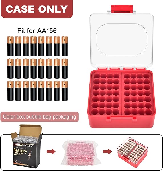 FULLCASE Battery Storage Organizer Box, Holder Container for 56 AA Batteries, Plastic Home Batteries Variety Pack Protective Organization(Case Only) Red - 2