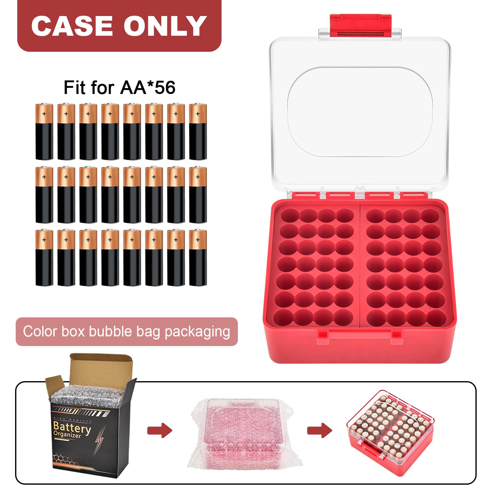FULLCASE Battery Storage Organizer Box, Holder Container for 56 AA Batteries, Plastic Home Batteries Variety Pack Protective Organization(Case Only) Red — view 2