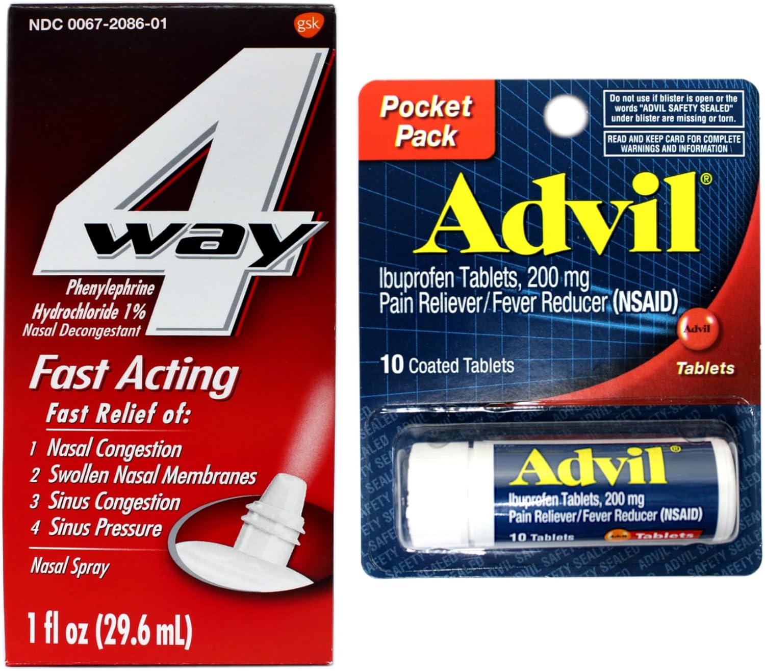 4-Way Nasal Decongestant Spray, Phenylephrine Hydrochloride 1%, 1 Fl Oz + Advil Pocket Pack Ibuprofen 200 mg 10 Ct