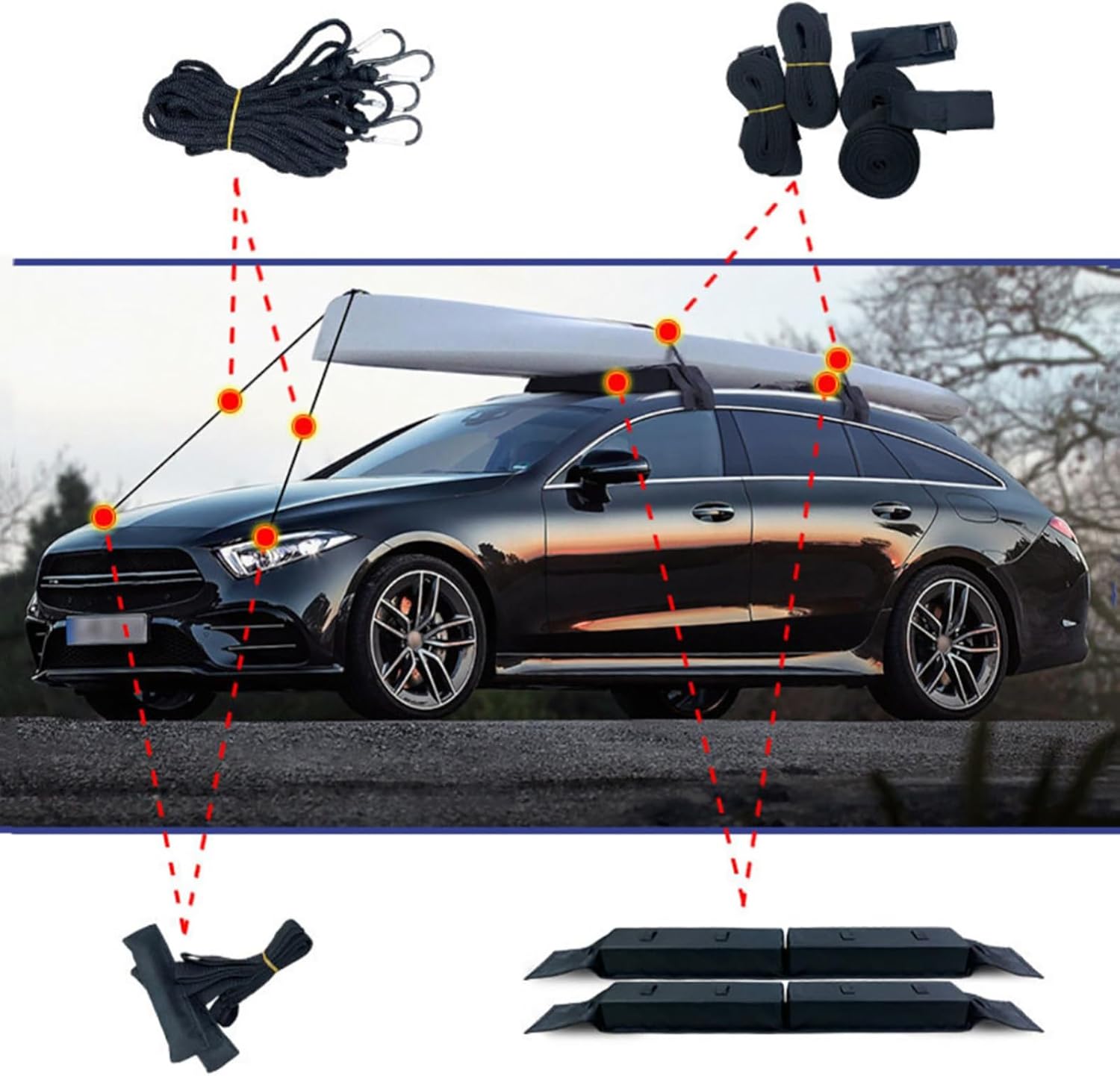 Soft Roof Rack for Car, Universal Roof Rack with Tie Down Straps Tie Down Ropes and Quick Loop Straps, Heavy Duty Kayak Car Rack Pads for Canoe Snowboard Surfboard SUP