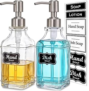 JASAI 2Pack Antique Design Glass Soap Dispenser with Rust Proof 304 Stainless Steel Pump, Refillable Hand Soap Dispenser with 10Pcs Stickers, Premium Soap Dispensers for Kitchen & Bathroom Clear