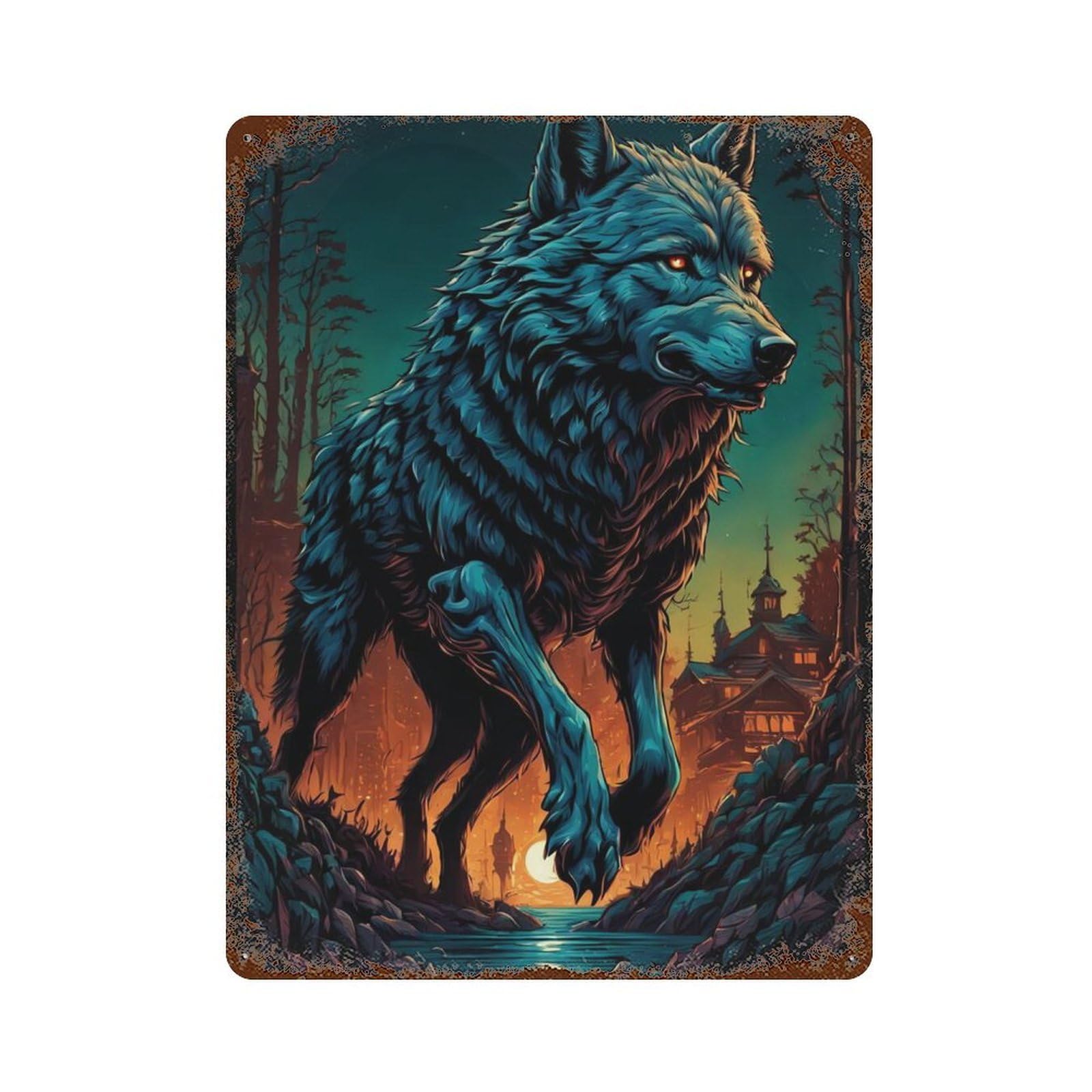 Rust Effect Wolf in The Forest Rustic Tin Plaque 15.7"x11.8", Old School Wall Decor for Shed, Workshop And Garage Wall Decor