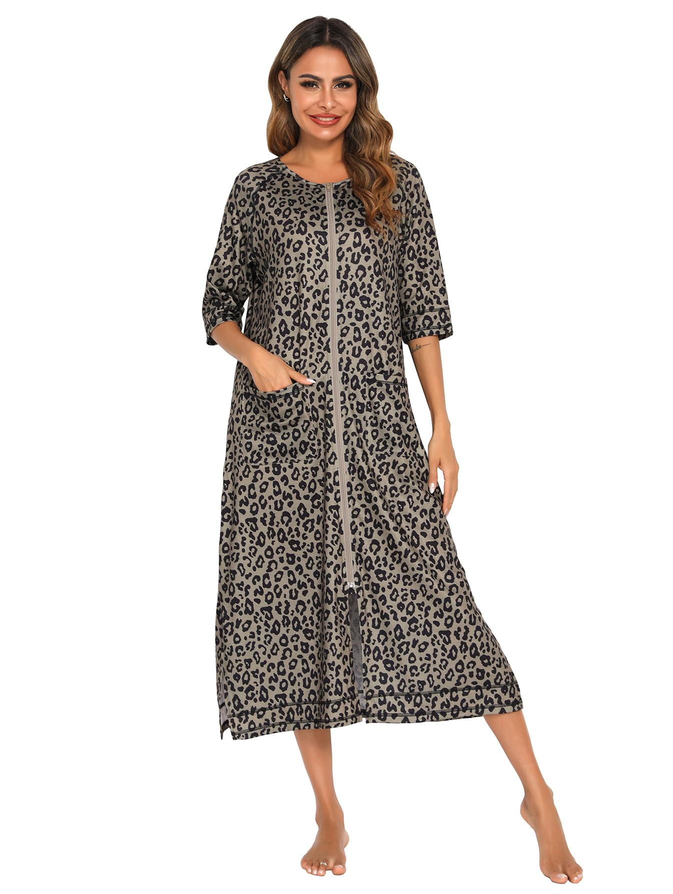 Citridarll Zipper Front Robes Women’s Half Sleeve Loungewear Soft Casual Long nightgown Loungewear House Coat with Pockets, Leopard, XX-Large