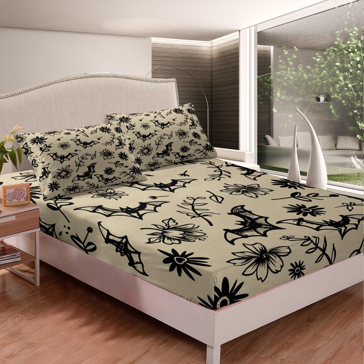 Boho Moth Print Bed Sheets Set Full Size Halloween Decorations Bedding Set for Decor Gothic Gothy Fitted Sheet Breathable Soft Lightweight Microfiber Skeleton Bones Bohemian Bedroom Decor Bedclothes