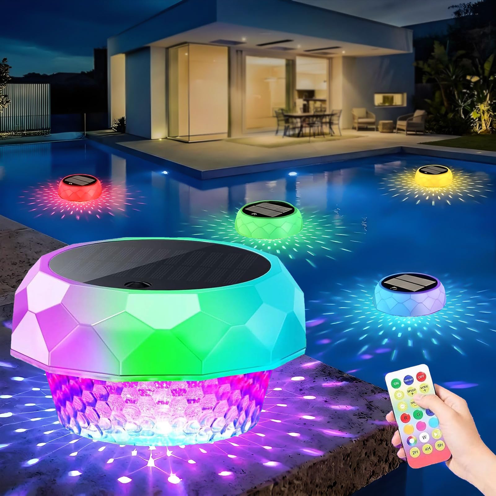 Joycome Poolbeleuchtung Solar Teich Deko, Pool Lichter Unterwasser mit Fernbedienung, Dimmbar Farbwechselnde Schwimmende Poollampe Wasserdicht Floating Pool Lights für Whirlpool Badewanne Garten