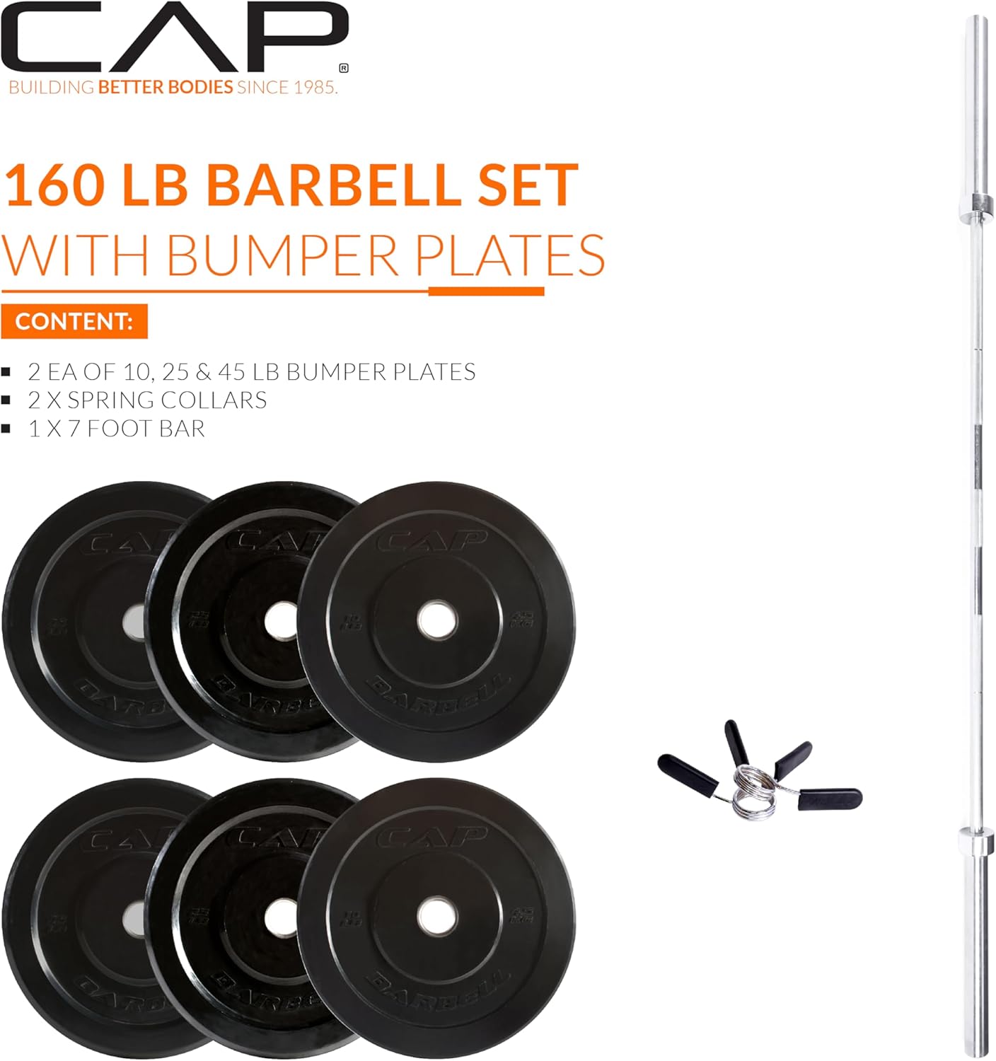 CAP Barbell Olympic Weight Set with 7ft Barbell & Bumper Plates | 160-370 lbs | Multiple Options