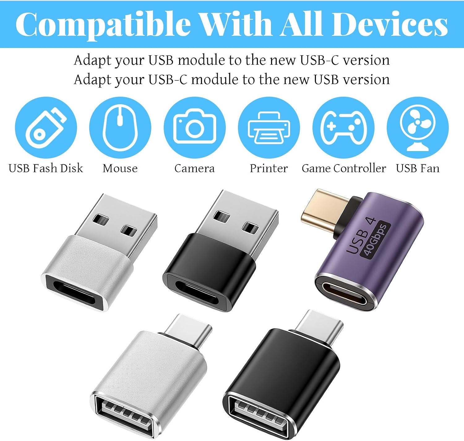 5 Pack USB A to C Female Adapter USB C OTG Adapter | Type-C Adapters for Phones, Laptops, Tablets and More