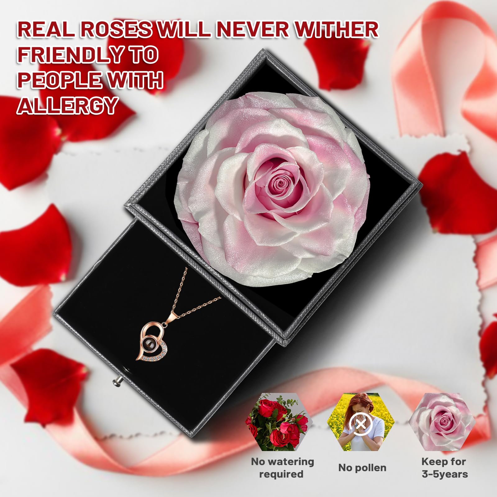 Yamonic Rosa Eterna Regalo Donna,Rosa Stabilizzata con Collana Donna,Regali San Valentino per lei,Idea Regalo per Lei,Confezione Regali Compleanno Anniversario Festa della Mamma Natale