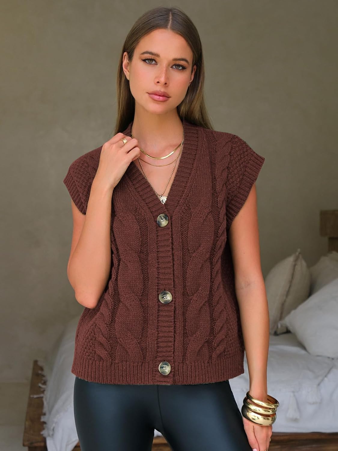 EXLURA Women's Fall Fashion Sweaters Vest Tops Sleeveless Button Down V Neck Chunky Cable Knit Cardigan Trendy Outfits 2025