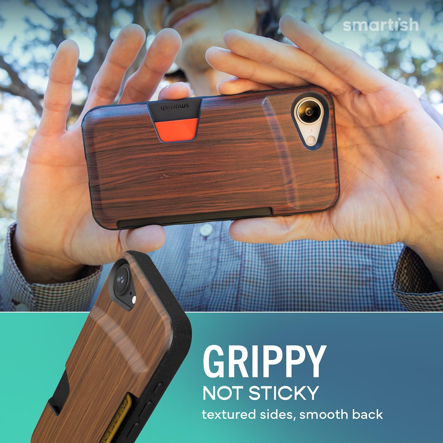 Smartish® iPhone 17e/16e Wallet Case - Wallet Slayer Vol. 1 [Slim + Protective] Credit Card Holder - Drop Tested Hidden Credit Card Slot Cover for Apple iPhone 17e/16e - Walnut Woods