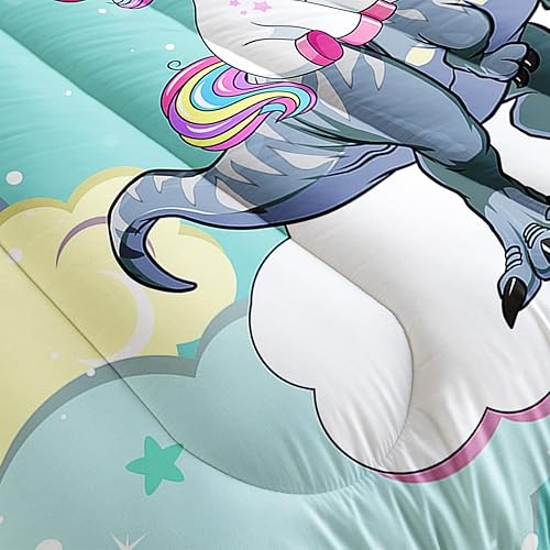 Miniatura 5 de Juego de edredón de unicornio de 3 piezas, juego de ropa de cama de dinosaurio de dibujos animados para niños, juego de cama de estrellas nubladas