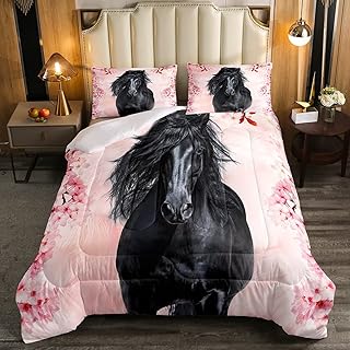 Pink Cherry Comforter Set Twin Black Horse Bedding Sets Cowboy Western Down Comforter for Kids Girls Women Peach Blossom Petal Floral Duvet Insert With 1 Comforter and 1 Pillow Case Bedroom Decor
