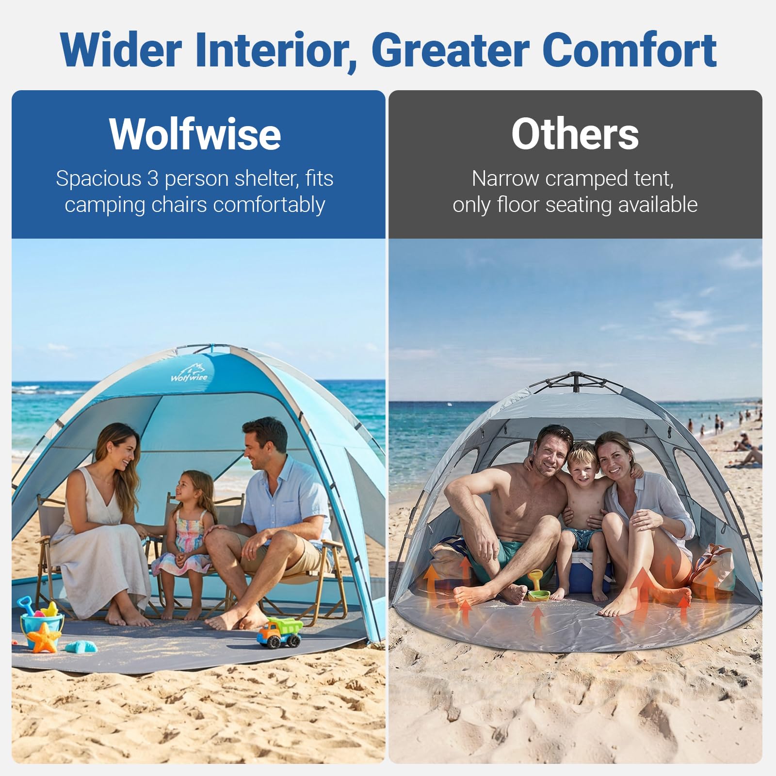 Wolfwise Namiot plażowy, ochrona przed promieniowaniem UV, dla 3-4 osób, duży namiot plażowy z ochroną przed słońcem, UPF 50+, 3 wentylowane okna z siatki, torba do noszenia, 40 x 165 x 140 cm, czarna