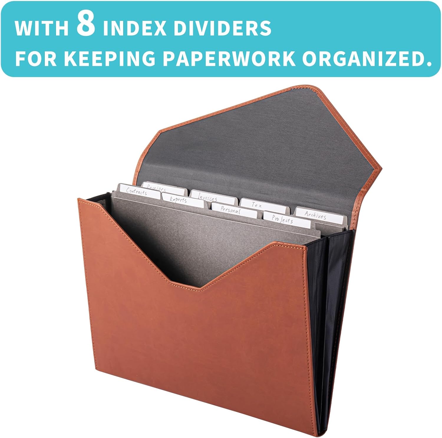 PU Leather Heavy-Duty Expanding File Folder, A5/US Letter Size Document Organizer with 8 Paper File Folder, 4-1/2 Inch Expansion for Office, Auto Shop, School Paperwork.(Brown) image 5