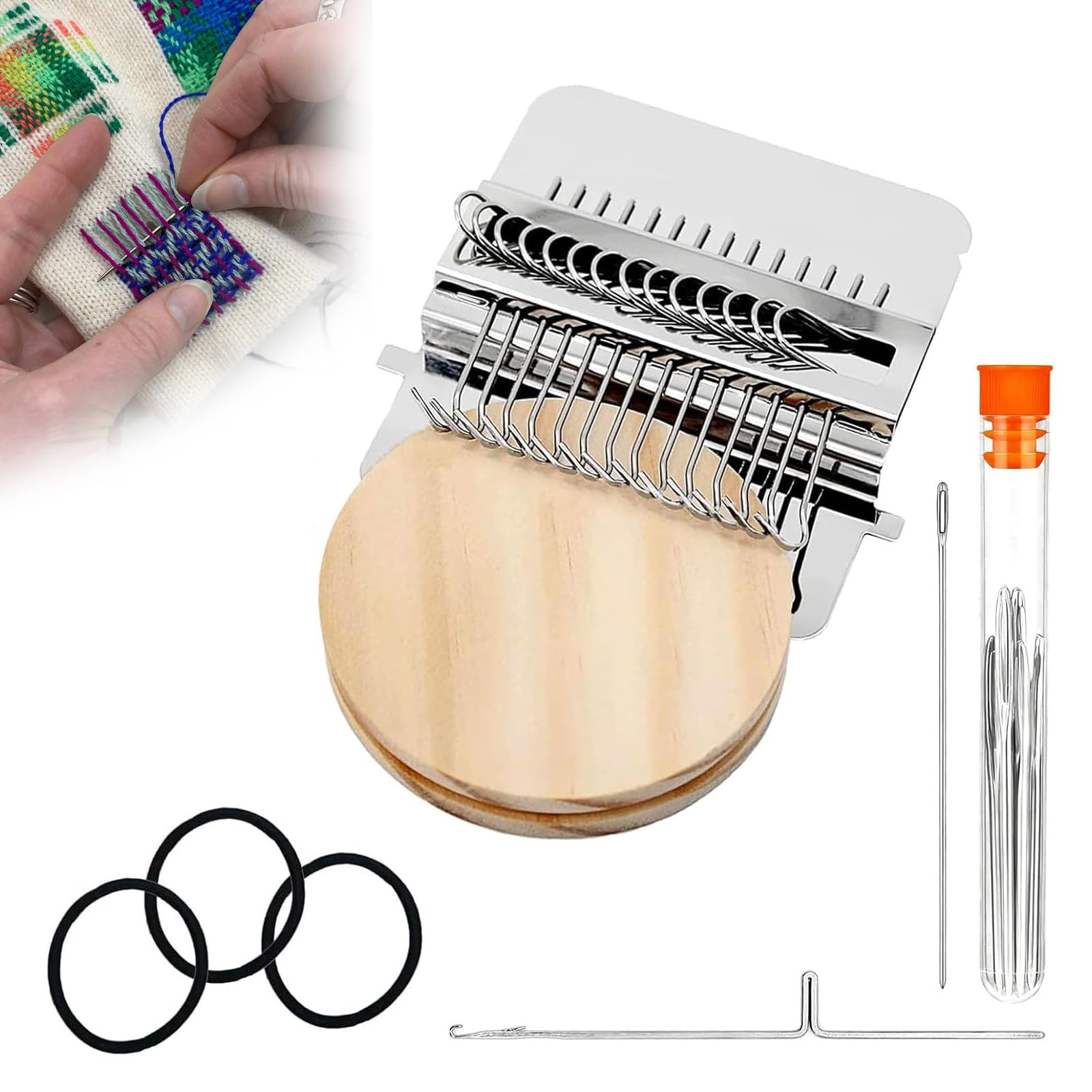 Mini Darning Loom Kit - 10/12/14 Needles Wooden & Metal Knit Patch Loom, Portable Darning Kit for Clothes Repair, Beginners-Friendly Knit Patch Darning Tool (14 Needles)