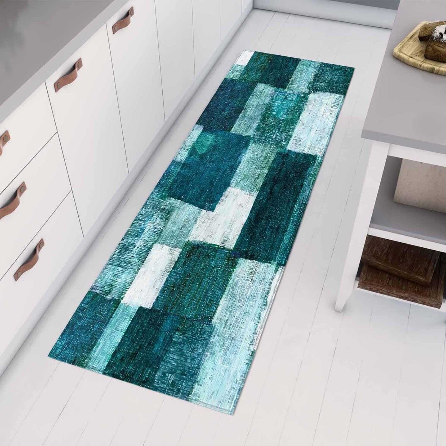 Teamery Kitchen Mats for Floor Gradient Turquoise White Washable Non Slip Kitchen Rugs 1PCS, Abstract Oil Painting Art Absorbent Standing Mats for Sink Bathroom Office Living Room 15.7x47.2in