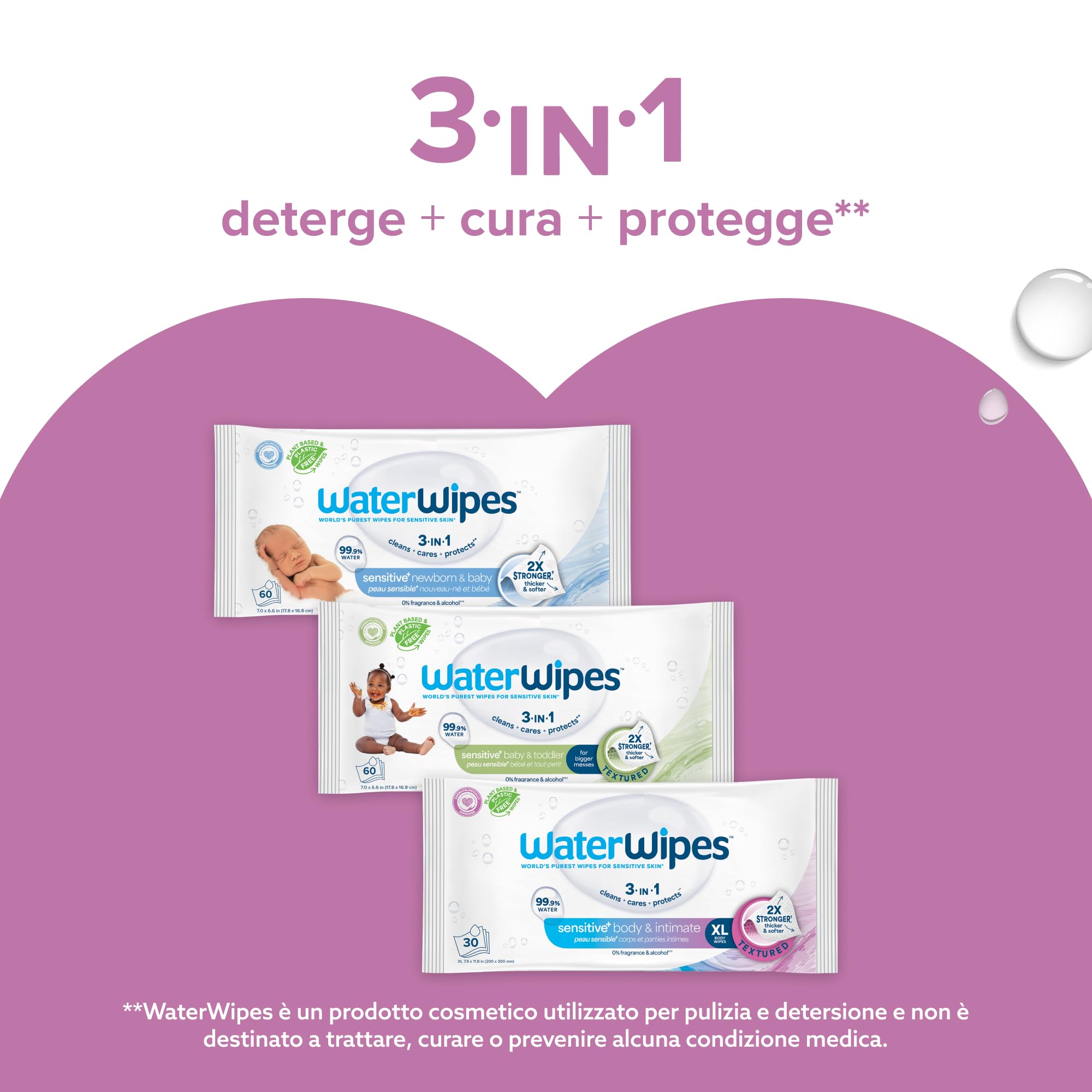 WaterWipes Sensitive+ Body & Intimate Wipes, 90 Pezzi (3 Confezioni), 99,9% Acqua, Senza Profumo