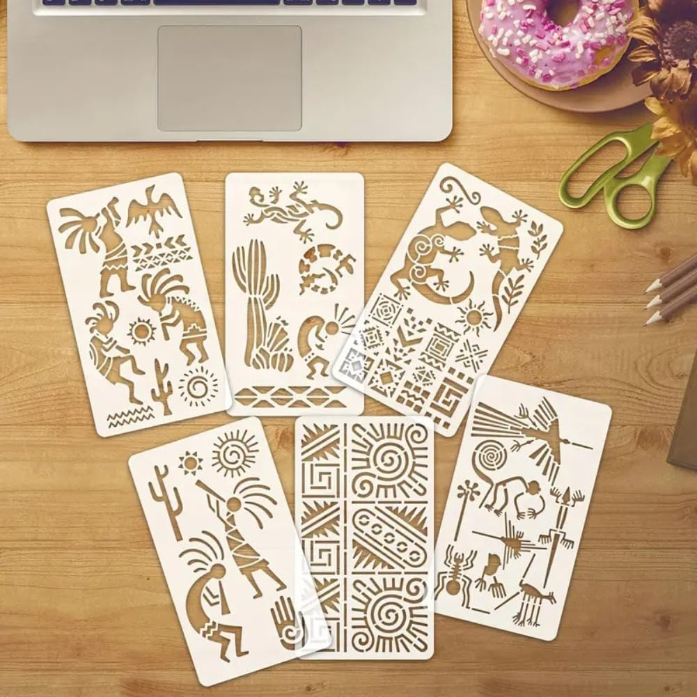 6-Pack Tribal Aztec Stencils, Reusable African Pattern Painting Templates for Wall Art, Wood Signs, Bohemian Decor & DIY Crafts - 7x4 Inch Flexible PET Material