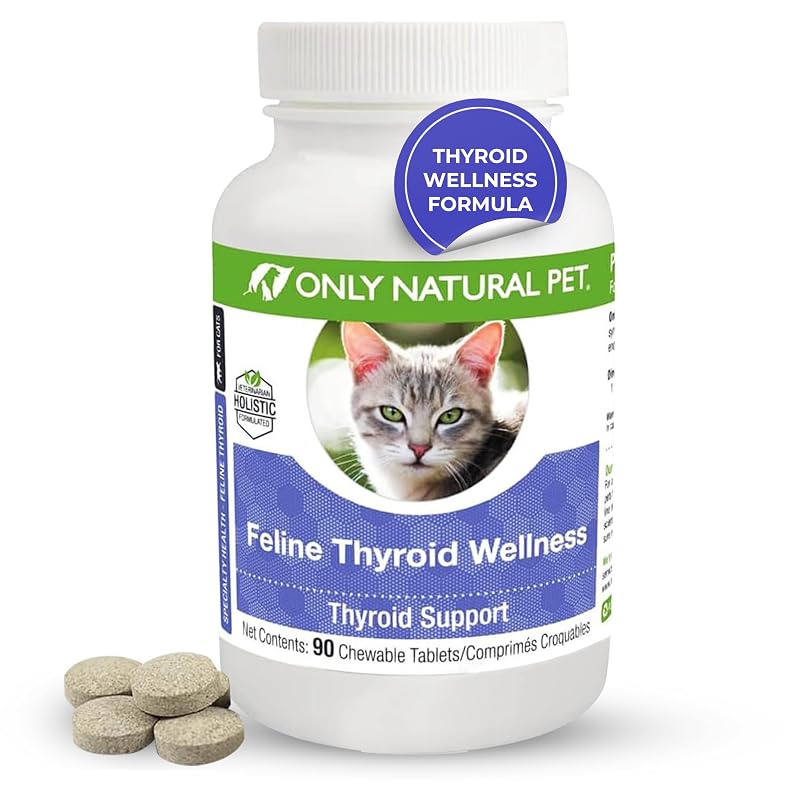 Suplemento para Tireoide de Gatos Only Natural Pet com L-Carnitina e Erva-cidreira, Sabor Peru, 90 Tabletes