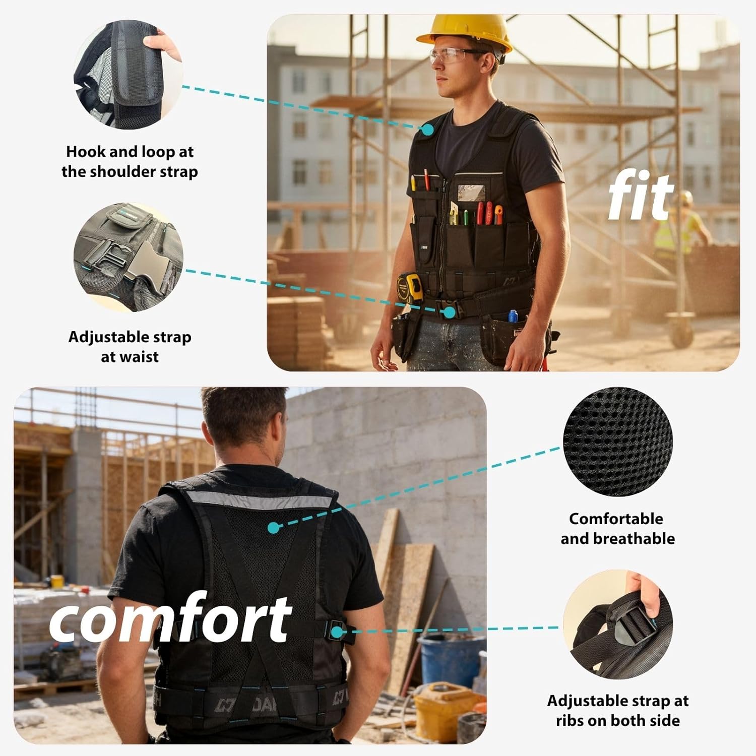 N NOAH Heavy-Duty Tool Vest for Men, Adjustable Size, 1680D Ballistic Fabric, Breathable Construction Vest with Reflective Stripes, Multi-Purpose Pockets for Electrician, Carpenter, Outdoor Activities - Image 5