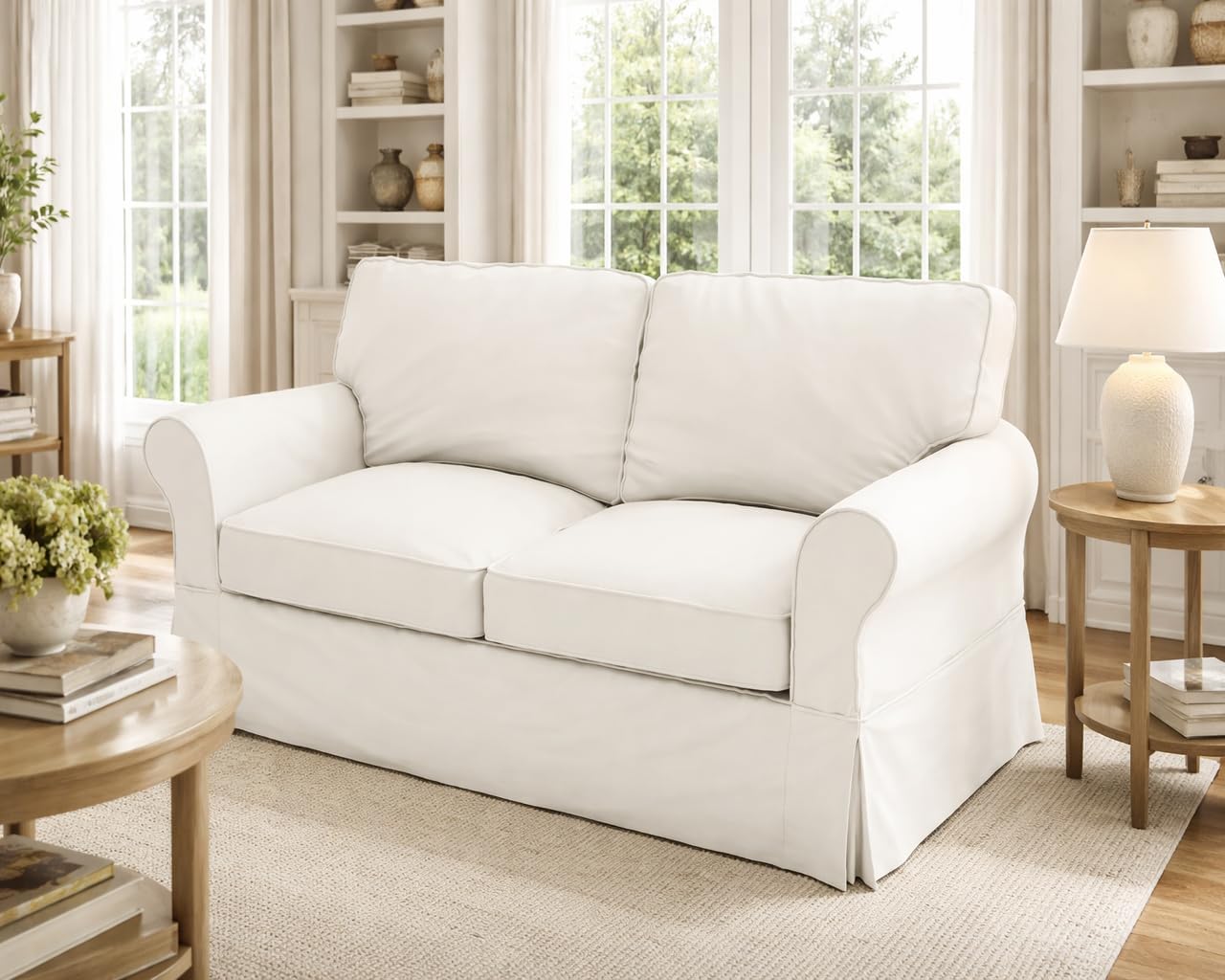 The Cotton Sofa Cover Only Fits Pottery Barn Comfort Loveseat Slipcover PB Comfort Roll Arm Sofa Cover Replacement (Width: 64", Not 84") (Cotton Beige 2 Seat Box)