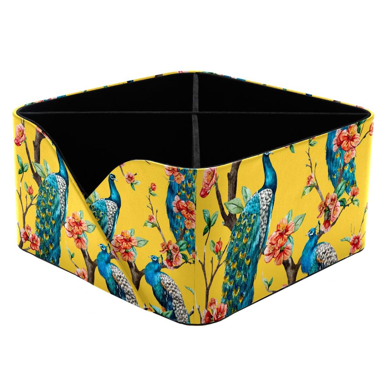 KengjuTesu Peacock Cherry Flowering Trees Watercolor Pattern Desktop Organizer Pen Holder, Rectangular Pencil Cup for Office, Study and Makeup Stations