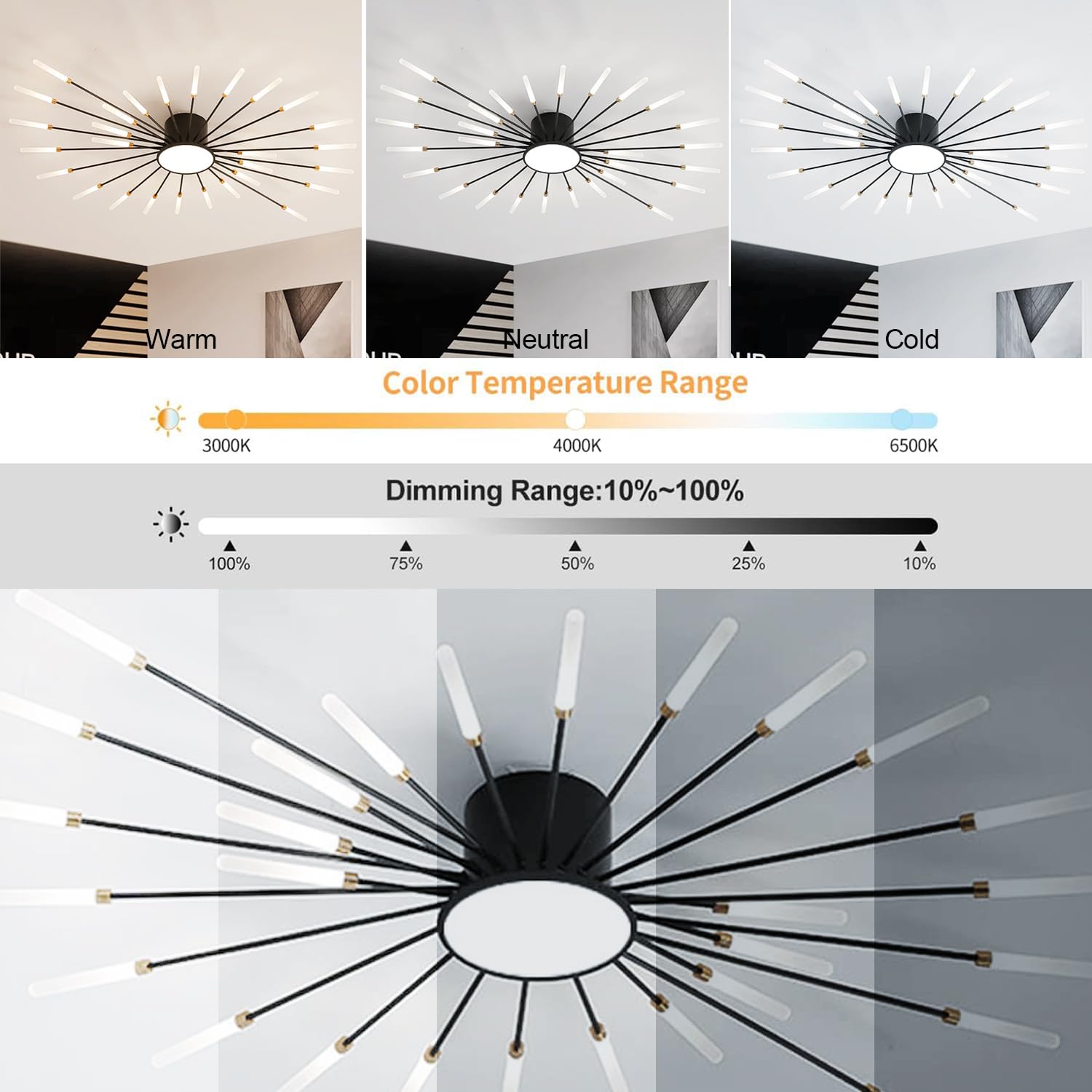 Lampa sufitowa LED 42 cali, możliwość ściemniania, 28 świateł, styl wpuszczany, czarny, do sypialni, jadalni, salonu, efekt fajerwerków.