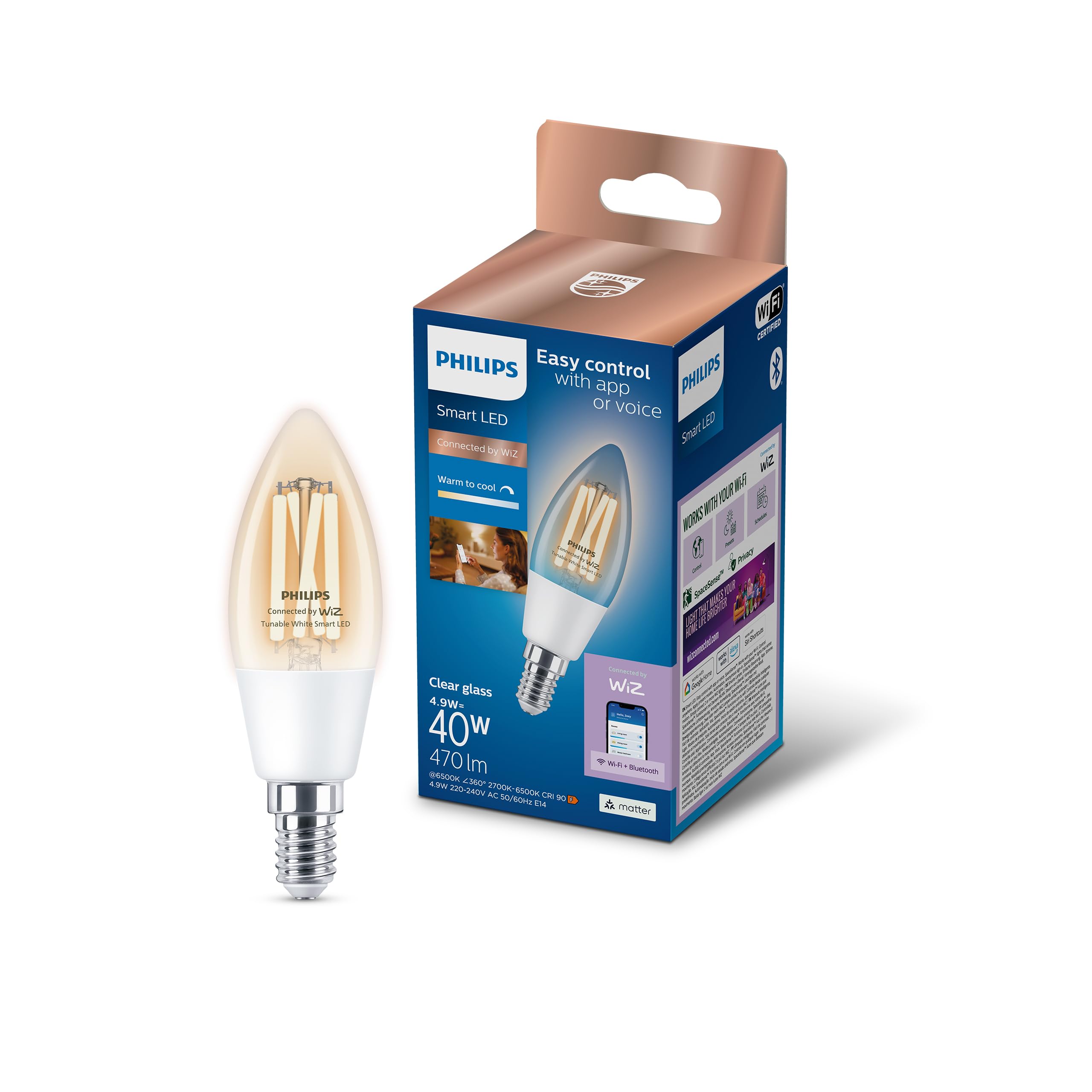 Philips Smart Lighting, Smart LED Filament C35 Bulb, E14 Base, 470 lm, Tunable White Light 2700-6500 K, Low Dimming, Connected by WiZ, Alexa, Google Home, Apple Home
