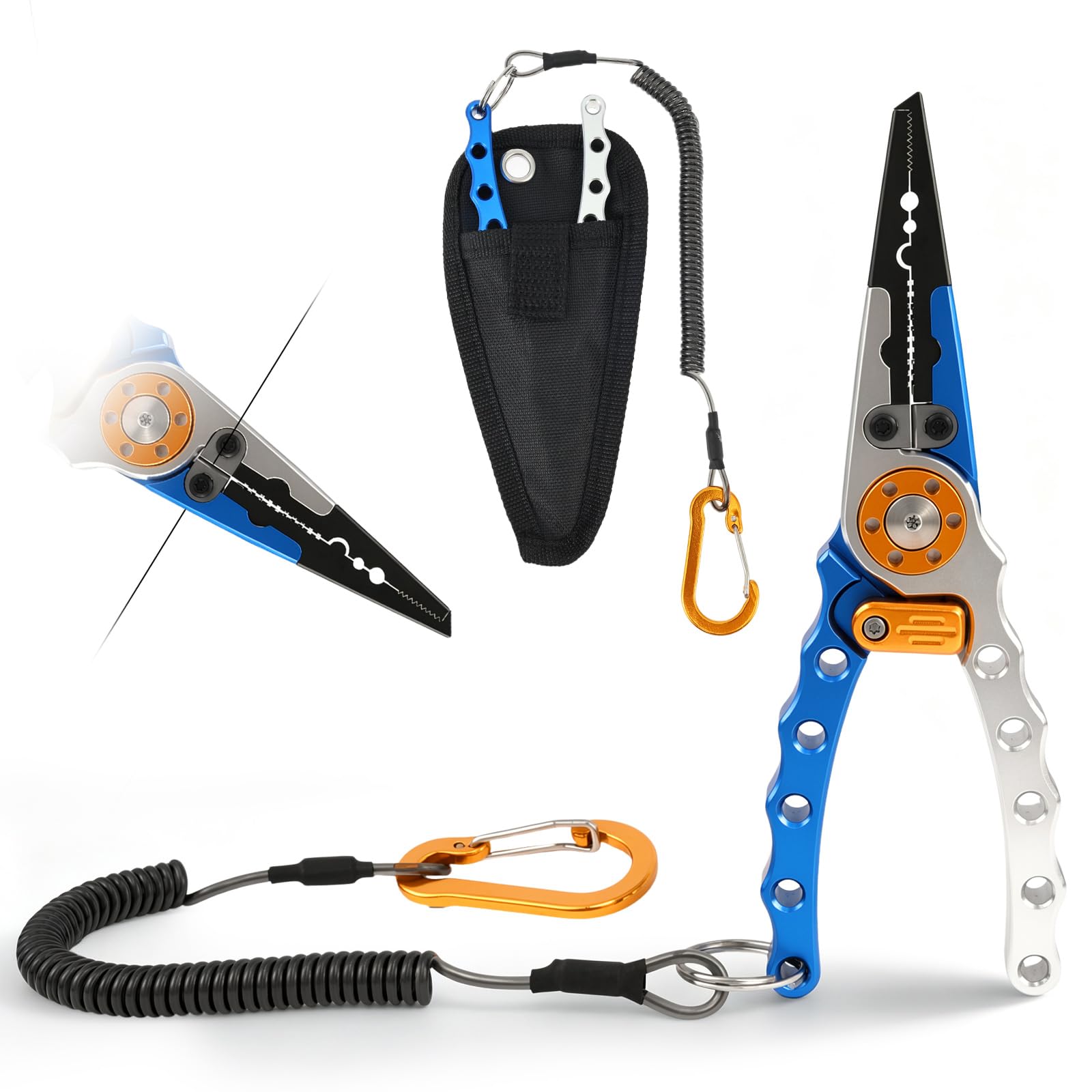 Aluminum Fishing Pliers with Stainless Steel Jaws, Split Ring Hook Remover & Braid Line Cutters | Lightweight Saltwater & Freshwater Fishing Multitool with Lanyard and Sheath(Blue and Silver)