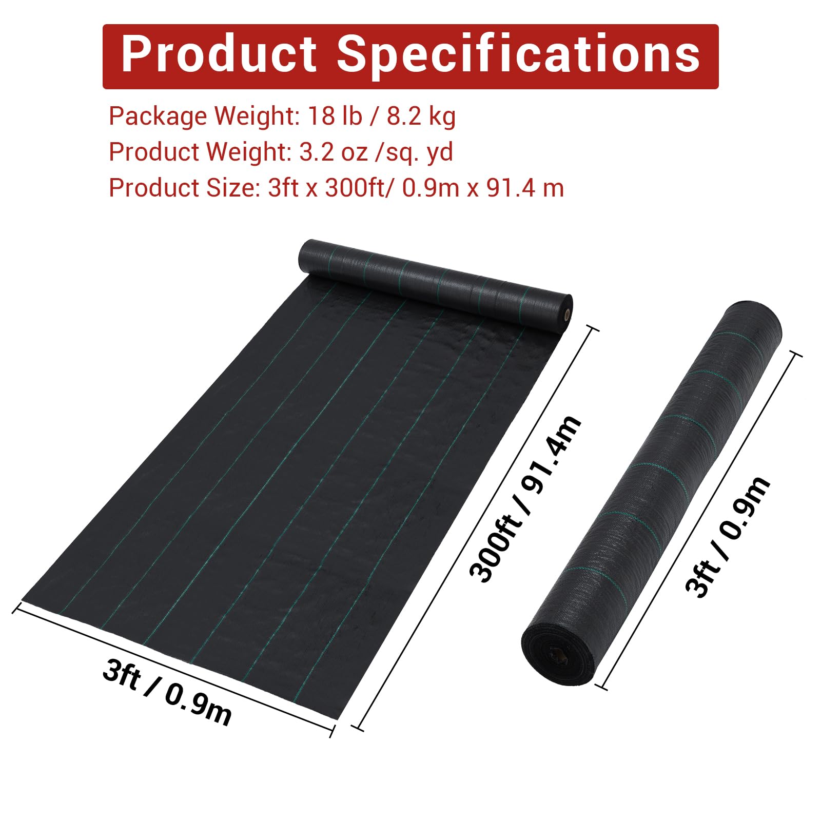Garvee Malla Antihierbas de Polipropileno Tejido 110g/m², Tela Geotextil de Alta Densidad para Control de Maleza de 0,91m x 91m, Cubierta de Suelo Transpirable y Permeable con Resistencia UV, Negro