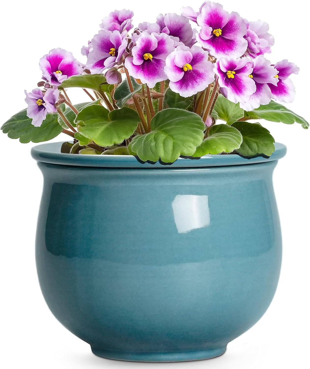 African Violet Pots 6 Inch, Ceramic Self Watering Pot with Absorbent Inner Planter, African Plant Pots for Indoor Plants, Round Flower Pot, Bedroom Decor, Gifts for Plant Lover, Glaze Blue
