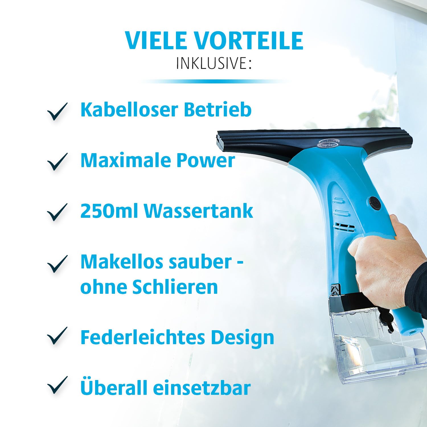 3 PAGEN Aspirapolvere per finestre a batteria – con flacone spray con rivestimento in microfibra – pulizia senza aloni – pulitore elettrico senza fili – ideale per grandi finestre, pareti doccia ecc