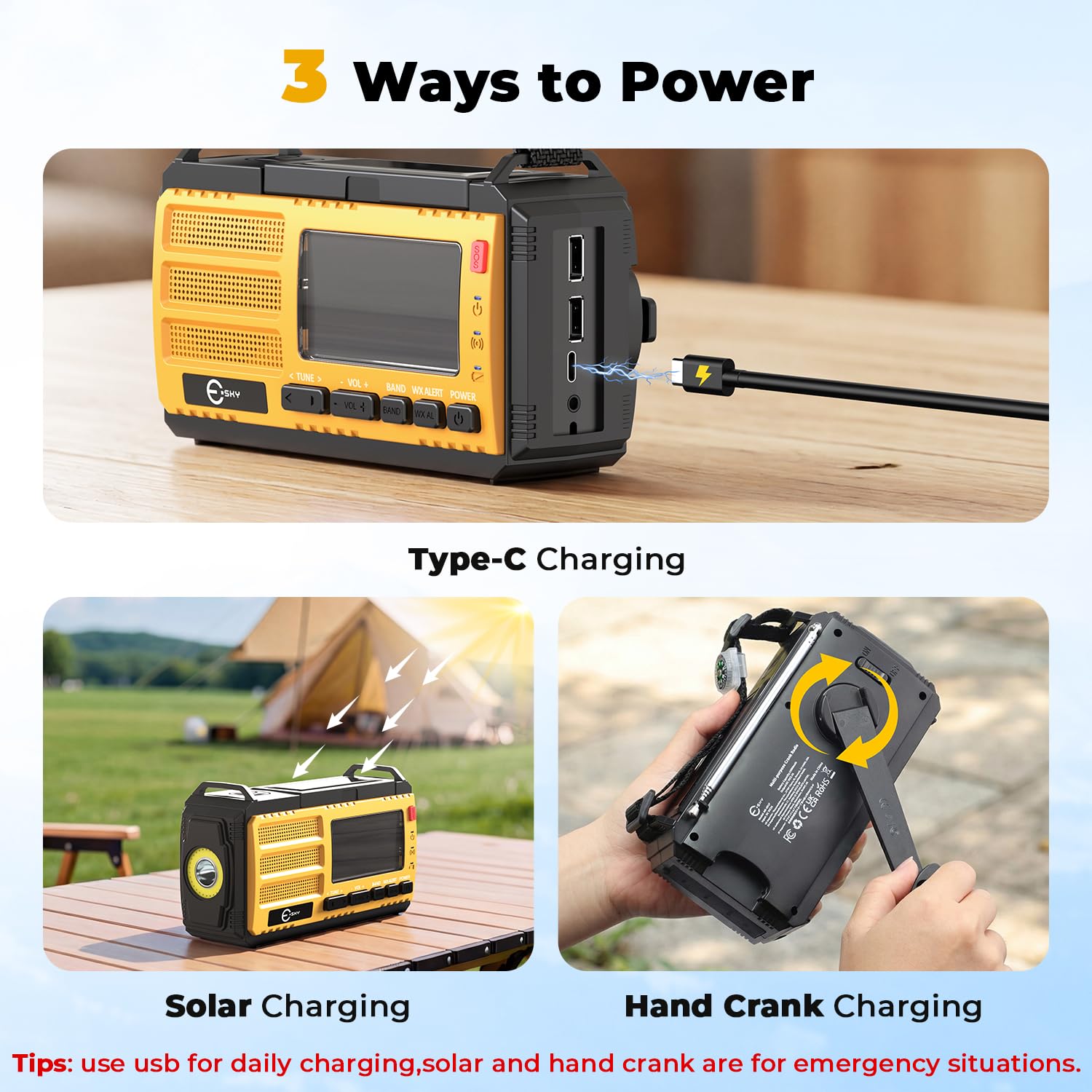 Esky Radio składane 10 000 mAh, przenośne radio awaryjne AM/FM, latarka, alarm SOS i kompas, ładowanie korby USB / solarne / ręczne ładowanie na kemping, na zewnątrz, przerwy w dostawie prądu, prezent