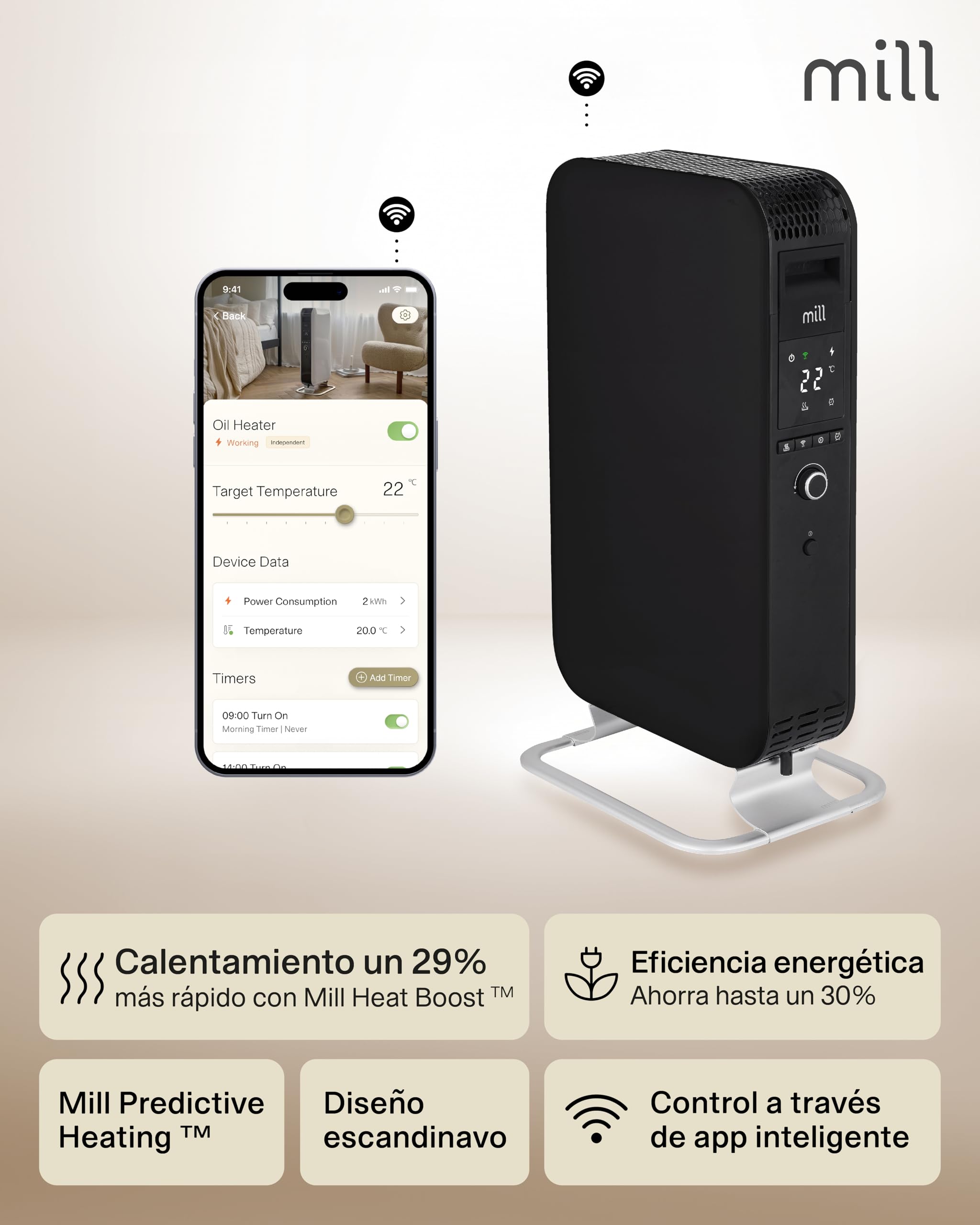 MILL Radiador de Aceite 1500 W WiFi, Calefactor Eléctrico Inteligente con App para 18–22 m², Radiador Eléctrico de Bajo Consumo Diseñado en Noruega, Silencioso y Seguro, Radiador de Pie, Negro