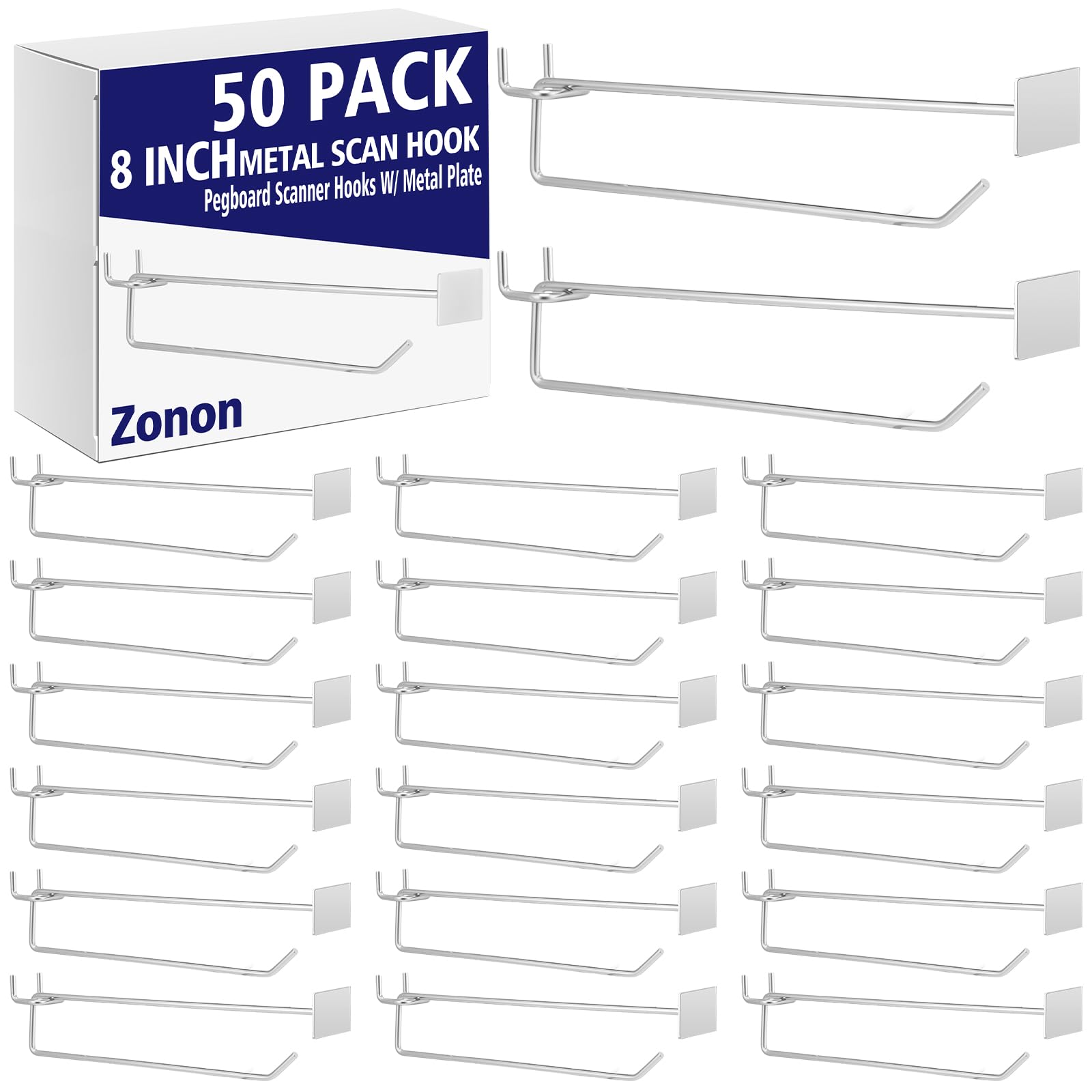 Photo 1 of Zonon 50 Pack 8 Inch Metal Scan Hooks with Label Holder for 1/4" Pegboard, Heavy Duty Galvanized Peg Board Tool Hangers, Pegboard Shelving Hooks with Price Tag, Retail Store Display Wall Accessories