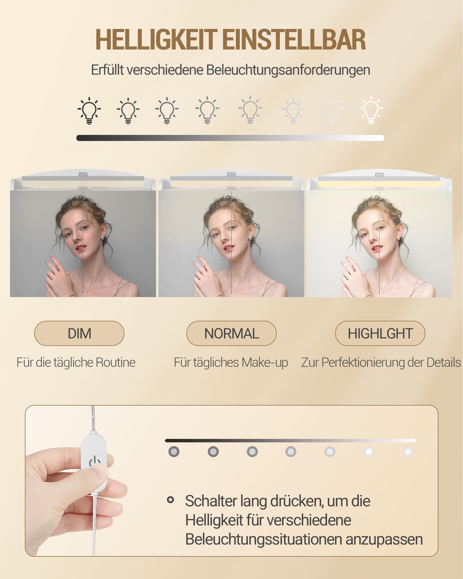 Hzuaneri Spiegelschrank Bad mit Beleuchtung, Badezimmerschrank mit Spiegel, Wandschrank, Haartrockner-Halter und Haken, mit Stecker, Verstellbarer Etagen, Weiß, 16,5 x 60 x 68,5 cm MC10003XEU