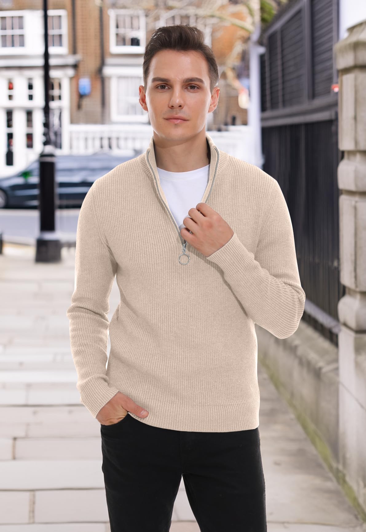 Hisir Pull Homme en Tricoté 1/4 Zip Pullover Sweater, Pull d'hiver Doux et Confortable pour Homme Pulls pour Homme avec Col Montant et Fermeture à Glissière