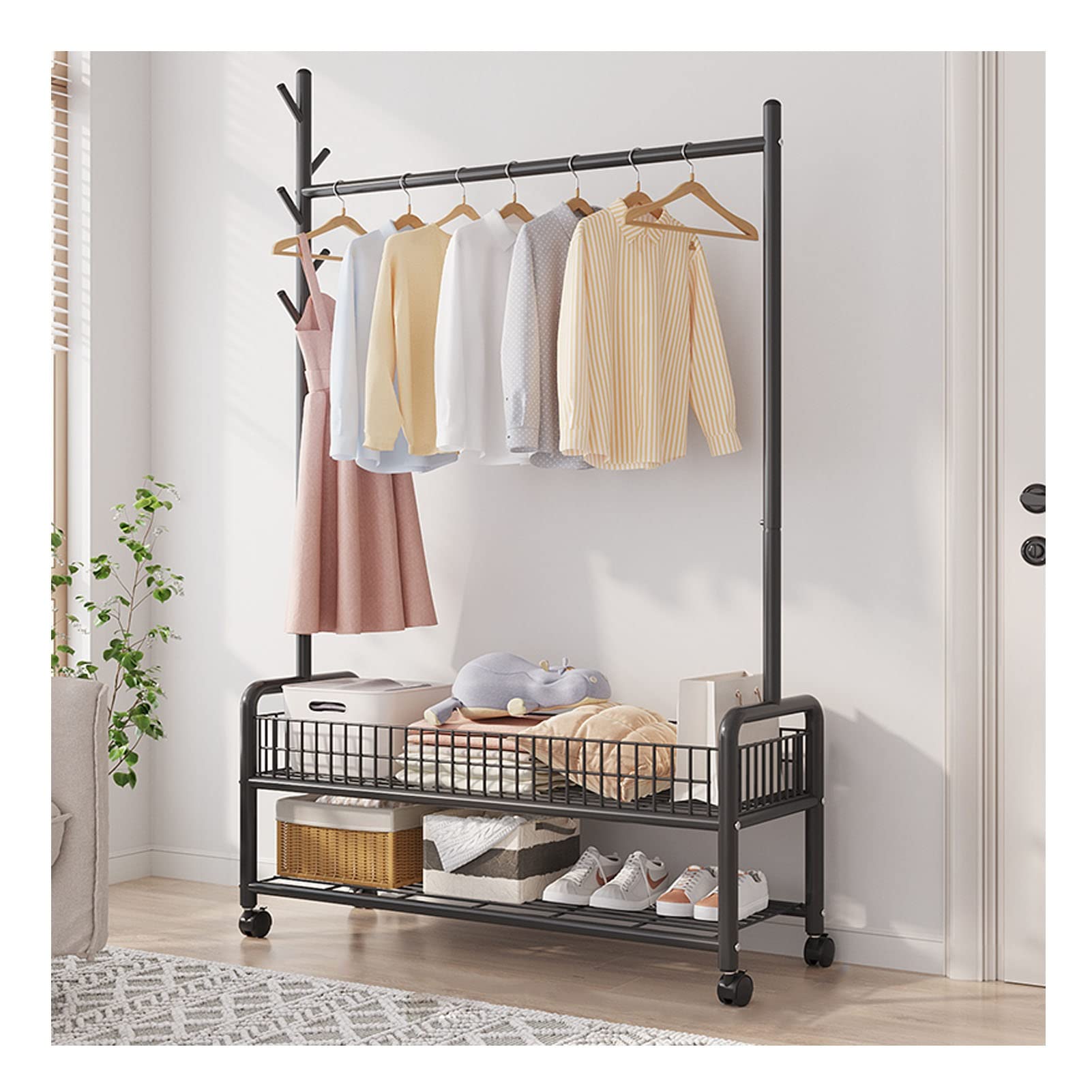 YNBSHGAA Heavy Duty Hall Tree with Metal Hooks - Movable Garment Rack with 2-Tier Storage Shelves - Freestanding Coat Hanger for Bedroom Entryway & Living Room,Black-90cm